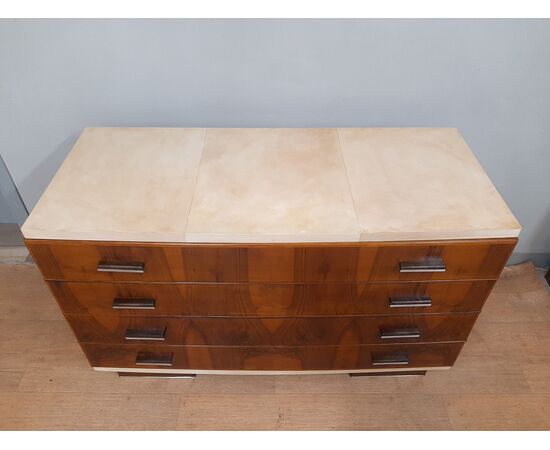 Art Deco chest of drawers with walnut and parchment covering, 1930-40