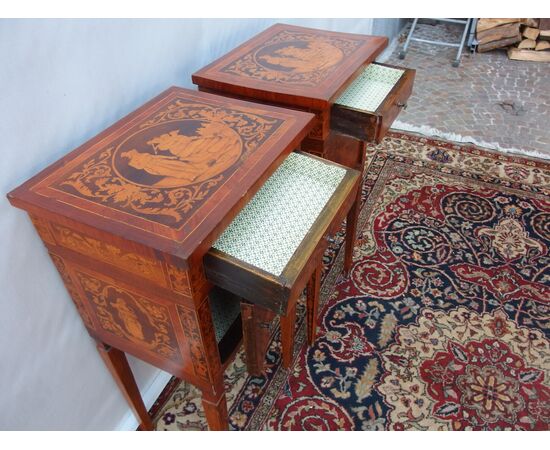 COPIA DI COMODINI INTARSIATI STILE LUIGI XVI EPOCA EPOCA FINE 800 PIEMONTE cm L42xP33xH86