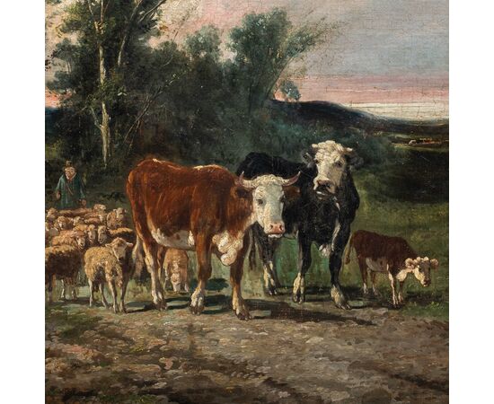 Pittore europeo (fine XIX sec.) - Paesaggio con mucche e gregge di pecore.