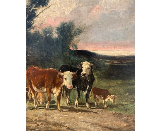 Pittore europeo (fine XIX sec.) - Paesaggio con mucche e gregge di pecore.