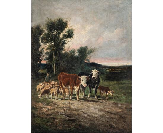Pittore europeo (fine XIX sec.) - Paesaggio con mucche e gregge di pecore.