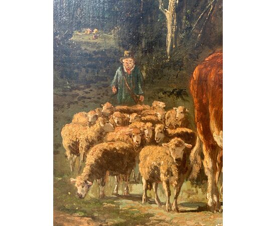 Pittore europeo (fine XIX sec.) - Paesaggio con mucche e gregge di pecore.