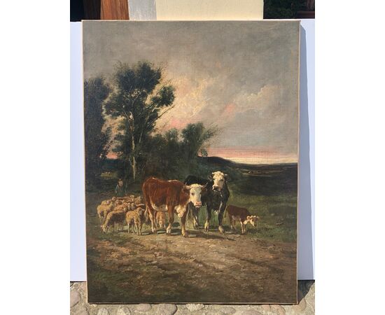 Pittore europeo (fine XIX sec.) - Paesaggio con mucche e gregge di pecore.