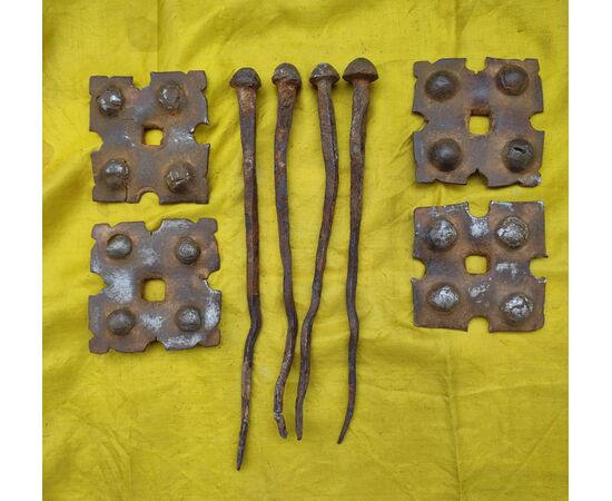 4 Large wrought and embossed iron nails, 17th-18th century