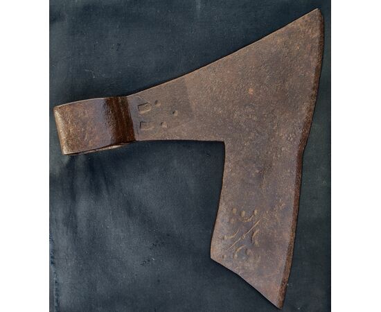 Forged and etched iron squaring axe from the 18th century