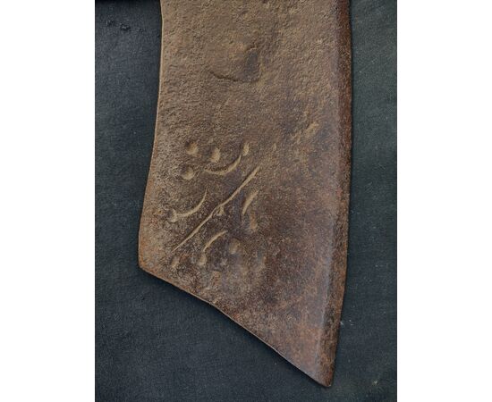 Forged and etched iron squaring axe from the 18th century