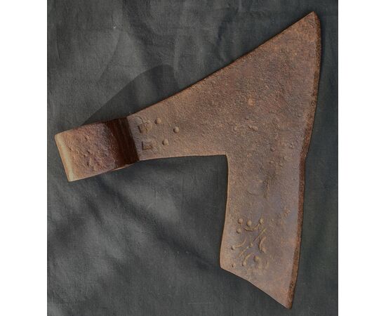 Forged and etched iron squaring axe from the 18th century
