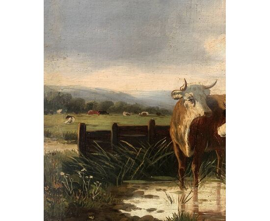 Pittore europeo (fine XIX sec.) - Paesaggio con mucche al pascolo.