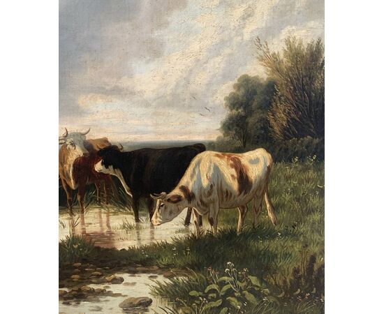 Pittore europeo (fine XIX sec.) - Paesaggio con mucche al pascolo.