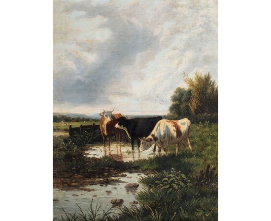 Pittore europeo (fine XIX sec.) - Paesaggio con mucche al pascolo.
