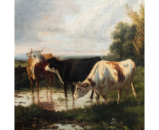 Pittore europeo (fine XIX sec.) - Paesaggio con mucche al pascolo.