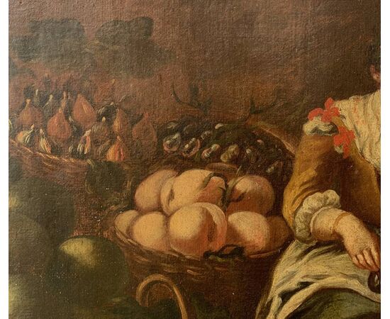 Pittore italiano (XVIII sec.) - La venditrice di frutta. Pittore italiano (XVIII sec.) - La venditrice di frutta.