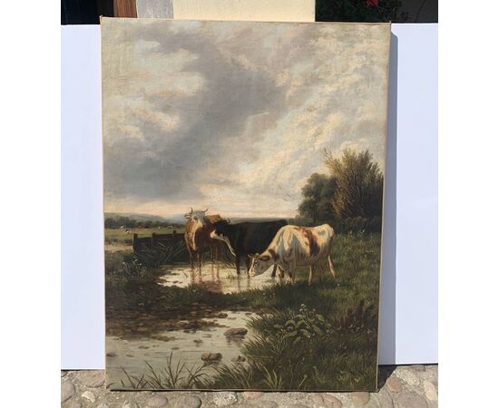 European painter (late 19th century) - Landscape with grazing cows.