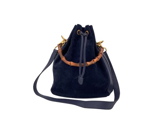 GUCCI Borsa a Tracolla Vintage in Camoscio Col. Blu Bamboo M