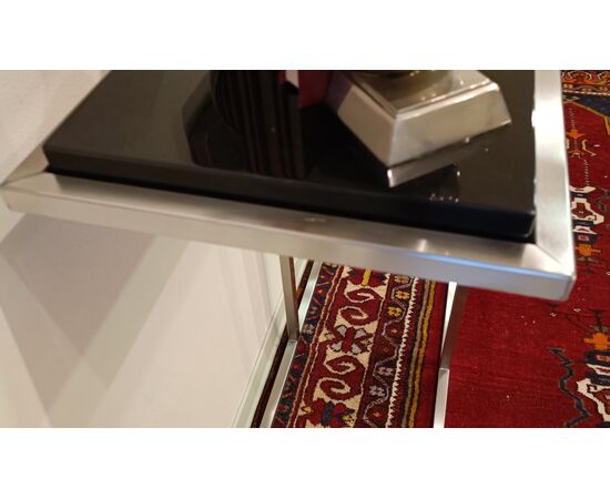 1980s Design Console in Brushed Steel with Black Lacquered Shelf