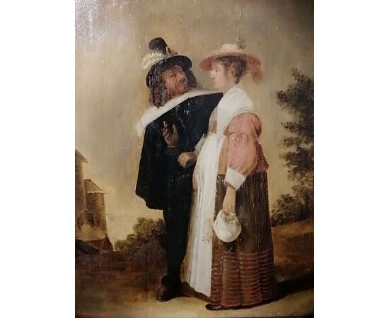 Tavola ritraente coppia che conversa nel paesaggio - David Teniers il giovane (attr.) (Anversa, 15 dicembre 1610 – Bruxelles, 25 aprile 1690) -