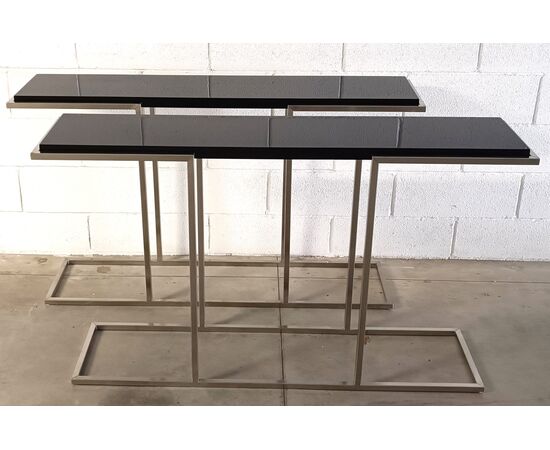 1980s Design Console in Brushed Steel with Black Lacquered Shelf