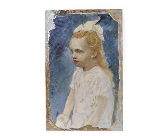 Double-sided painting - Front with mountain landscape and back with female portrait - Italy 19th century - oil on canvas