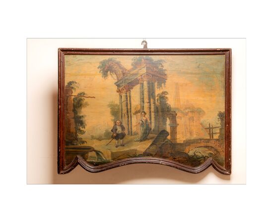 18th century Capriccio on panel with caricatured figures and shaped frame