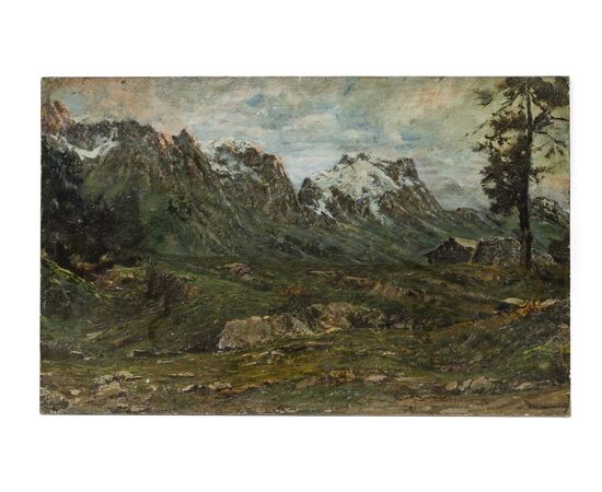 Double-sided painting - Front with mountain landscape and back with female portrait - Italy 19th century - oil on canvas
