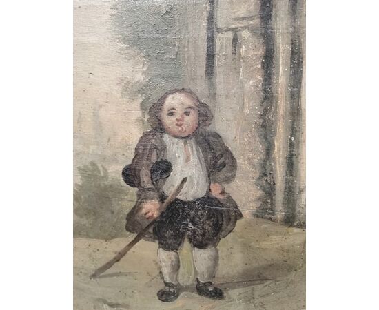 18th century Capriccio on panel with caricatured figures and shaped frame