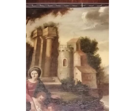 Madonna with child, Saint John and Saint Joseph - Landscape with ruins - 17th century
