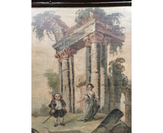 18th century Capriccio on panel with caricatured figures and shaped frame