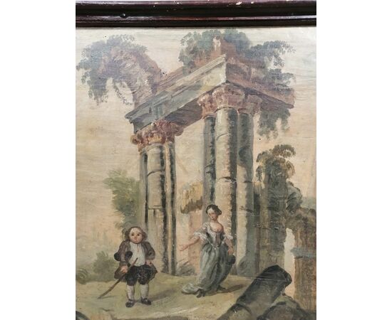 18th century Capriccio on panel with caricatured figures and shaped frame