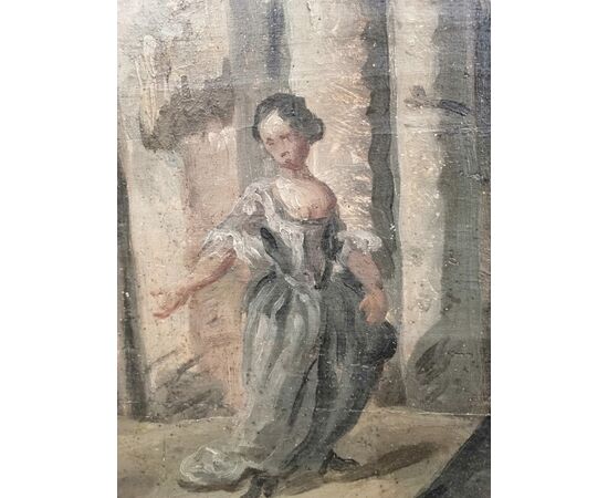 18th century Capriccio on panel with caricatured figures and shaped frame