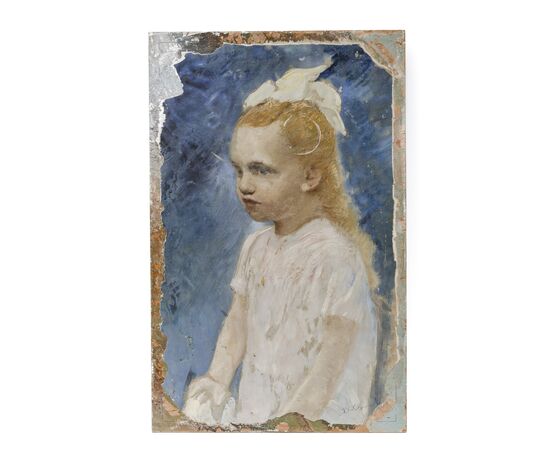 Double-sided painting - Front with mountain landscape and back with female portrait - Italy 19th century - oil on canvas