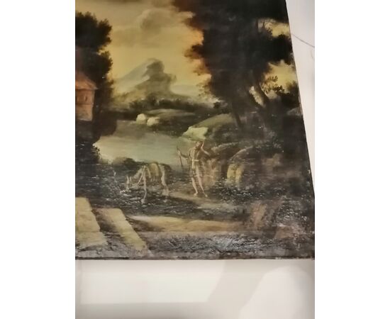 Madonna with child, Saint John and Saint Joseph - Landscape with ruins - 17th century