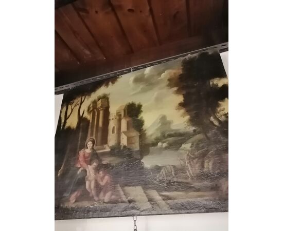 Madonna with child, Saint John and Saint Joseph - Landscape with ruins - 17th century