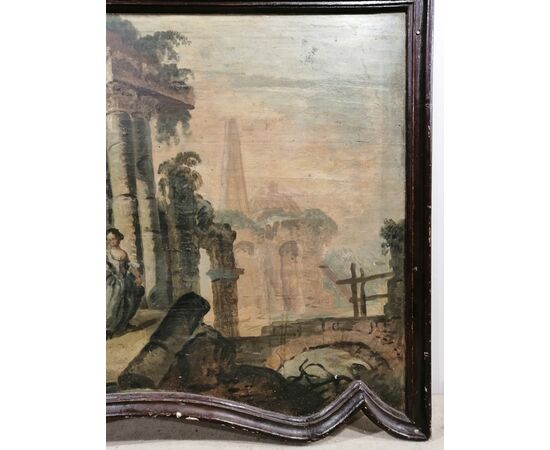 18th century Capriccio on panel with caricatured figures and shaped frame