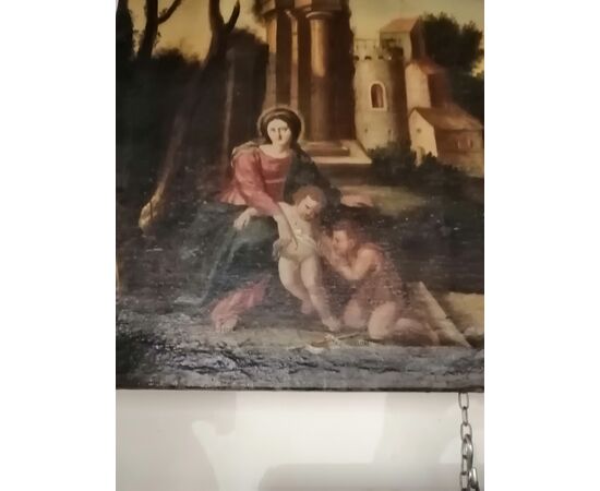 Madonna with child, Saint John and Saint Joseph - Landscape with ruins - 17th century