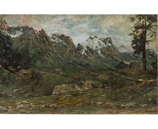 Double-sided painting - Front with mountain landscape and back with female portrait - Italy 19th century - oil on canvas