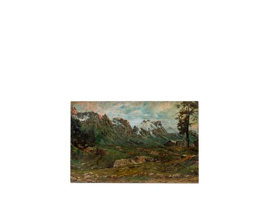 Double-sided painting - Front with mountain landscape and back with female portrait - Italy 19th century - oil on canvas