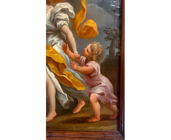 Oil painting on canvas depicting a Guardian Angel with child.