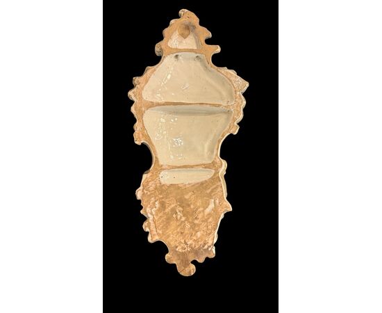 Polychrome majolica holy water font with a depiction of the Madonna. Minghetti. Bologna.