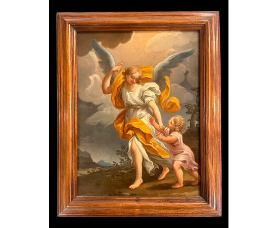 Oil painting on canvas depicting a Guardian Angel with child.