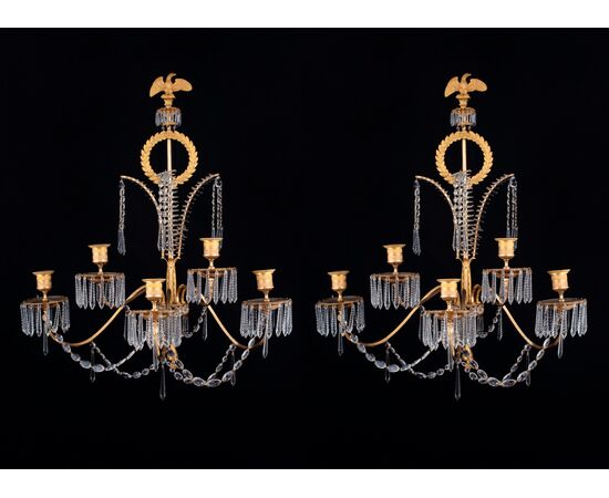 Coppia di importanti Appliques in bronzo dorato e cristallo, Francia, 1805 circa