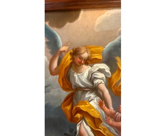 Dipinto olio su tela raffigurante Angelo custode con bimbo.