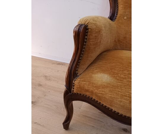 Poltrona velluto giallo Luigi Filippo in noce - poltroncina - epoca meta' 800.