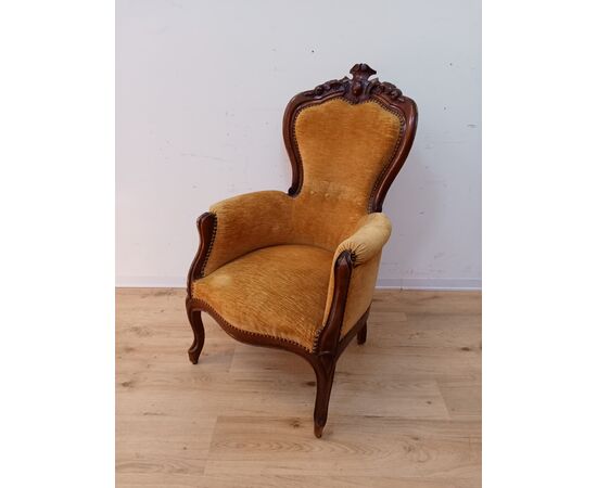 Poltrona velluto giallo Luigi Filippo in noce - poltroncina - epoca meta' 800.