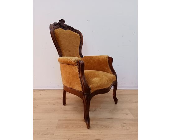 Poltrona velluto giallo Luigi Filippo in noce - poltroncina - epoca meta' 800.