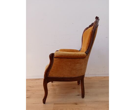 Poltrona velluto giallo Luigi Filippo in noce - poltroncina - epoca meta' 800.