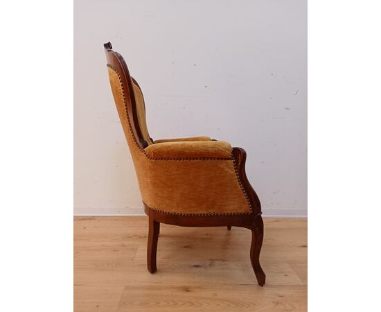 Poltrona velluto giallo Luigi Filippo in noce - poltroncina - epoca meta' 800.