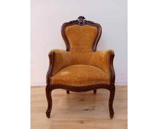 Poltrona velluto giallo Luigi Filippo in noce - poltroncina - epoca meta' 800.