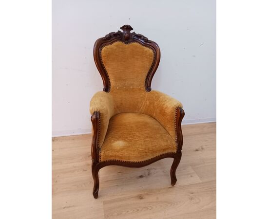 Poltrona velluto giallo Luigi Filippo in noce - poltroncina - epoca meta' 800.