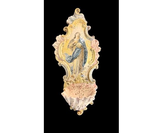 Polychrome majolica holy water font with a depiction of the Madonna. Minghetti. Bologna.