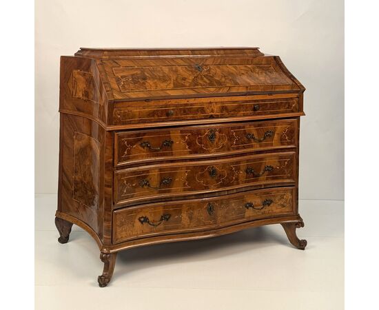 Walnut and burr walnut veneered drop-front chest of drawers, Lombardy (Brescia), 18th century